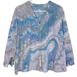 6397 Peasant Blouse Top Size Small Oversize Geode Tie Dye Shirt Blue Gray Cotton